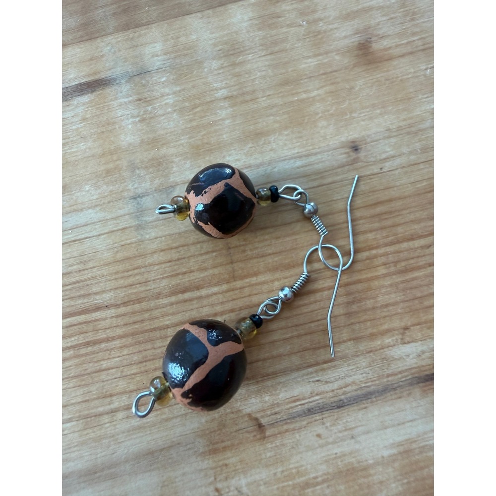 Handmade Zimbabwean Beaded Drop Earrings‎ Brown Black Animal Print Boho Dangle
